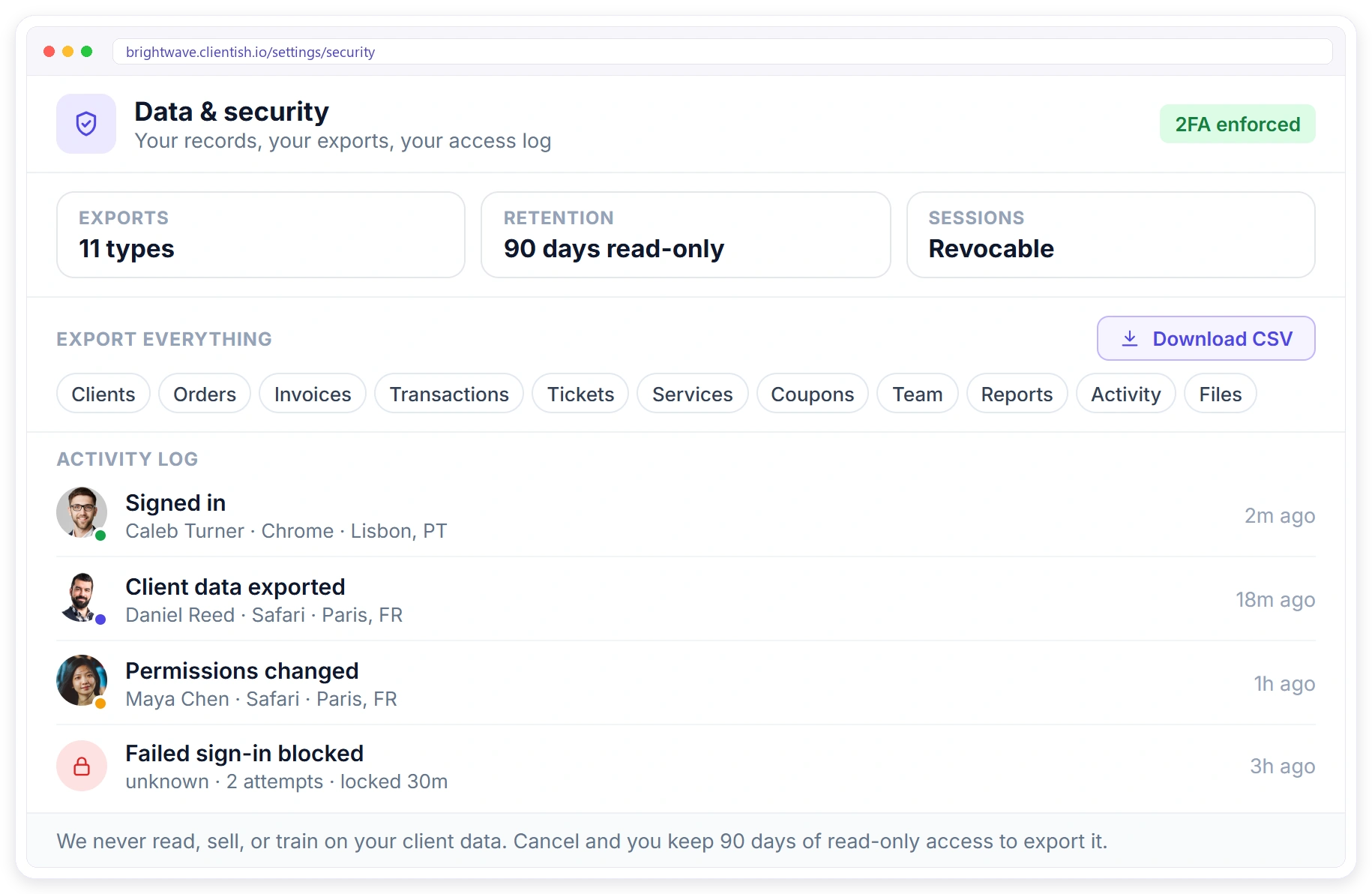 Clientish data and security settings with data export, retention, sessions and an access activity log