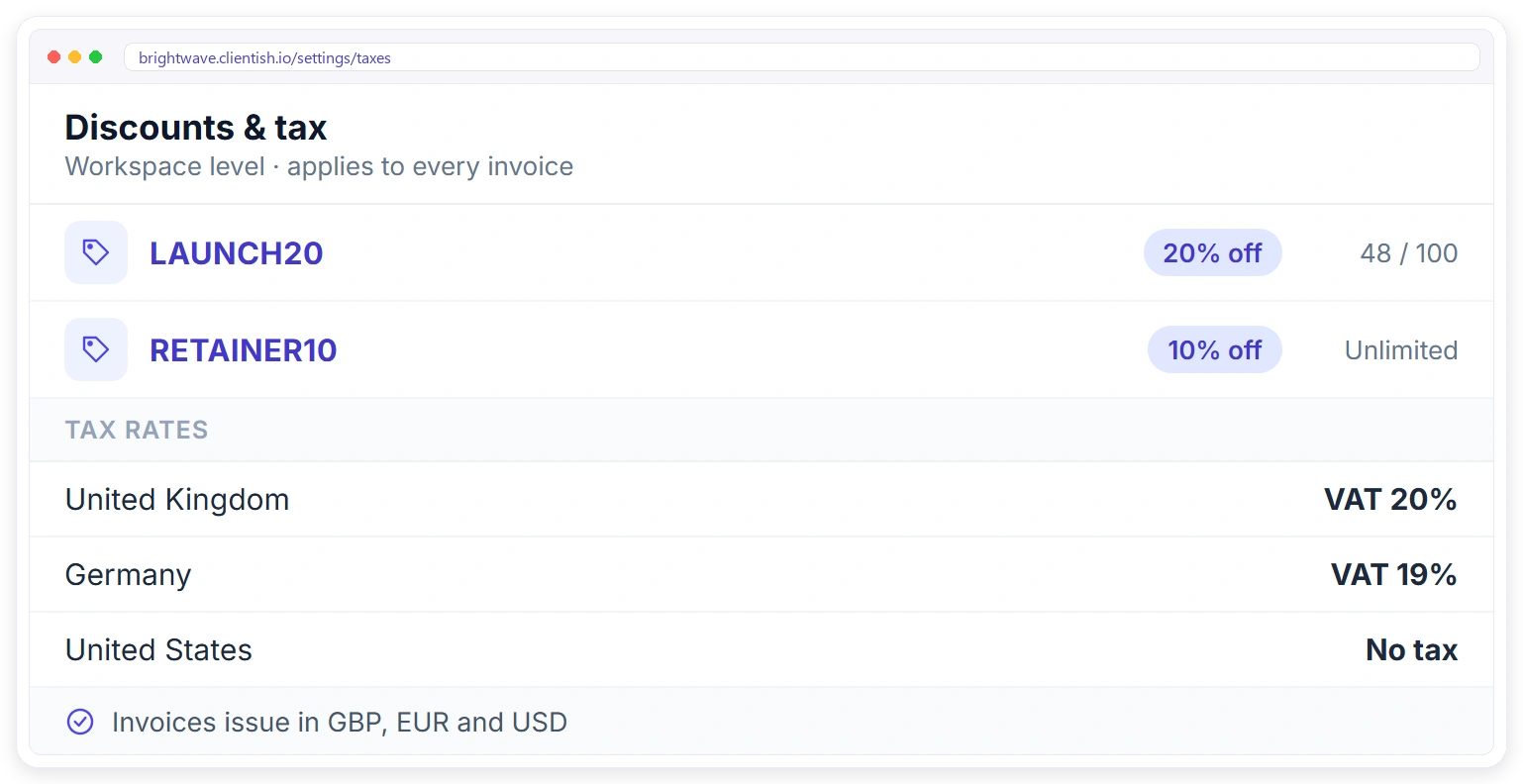 Clientish workspace coupons and tax rates for the United Kingdom, Germany and the United States