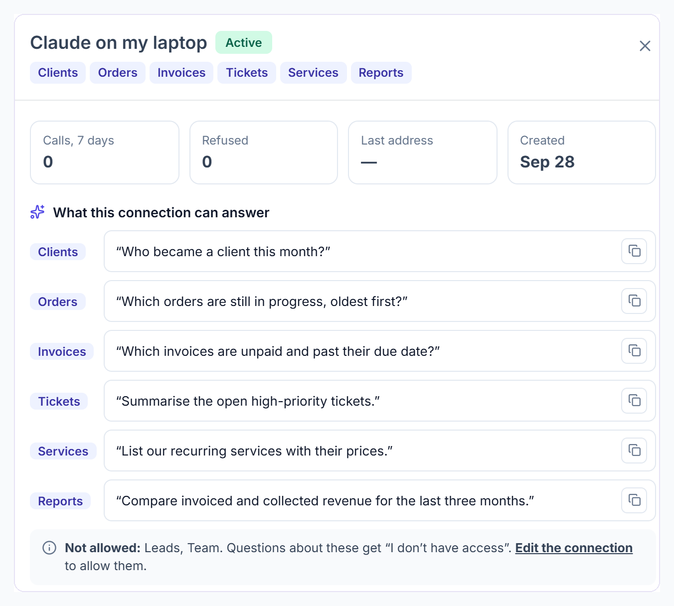 Clientish AI connection details: what it can read, calls, refused calls and example questions