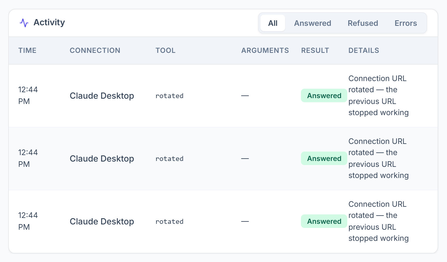 Clientish AI Connections activity log with answered and refused calls