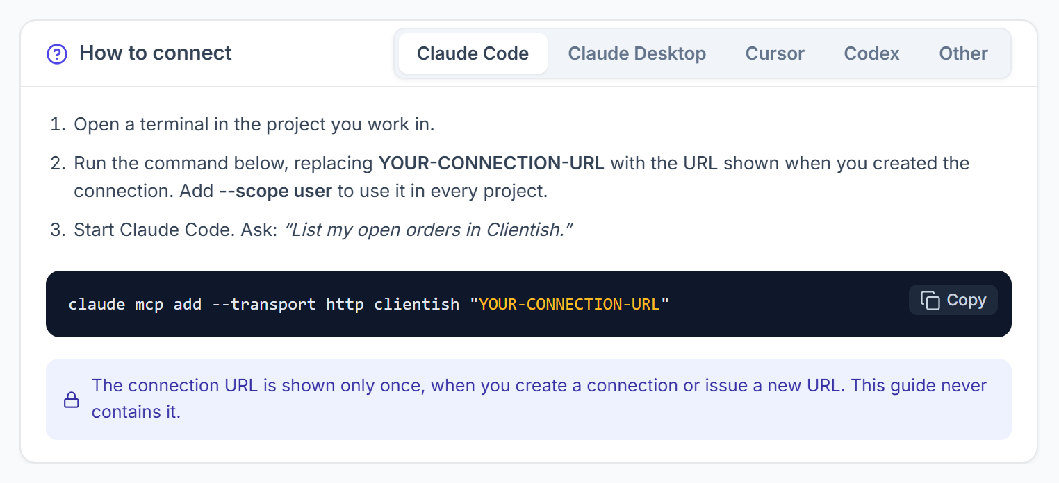 How to connect an AI agent to Clientish with Claude Code