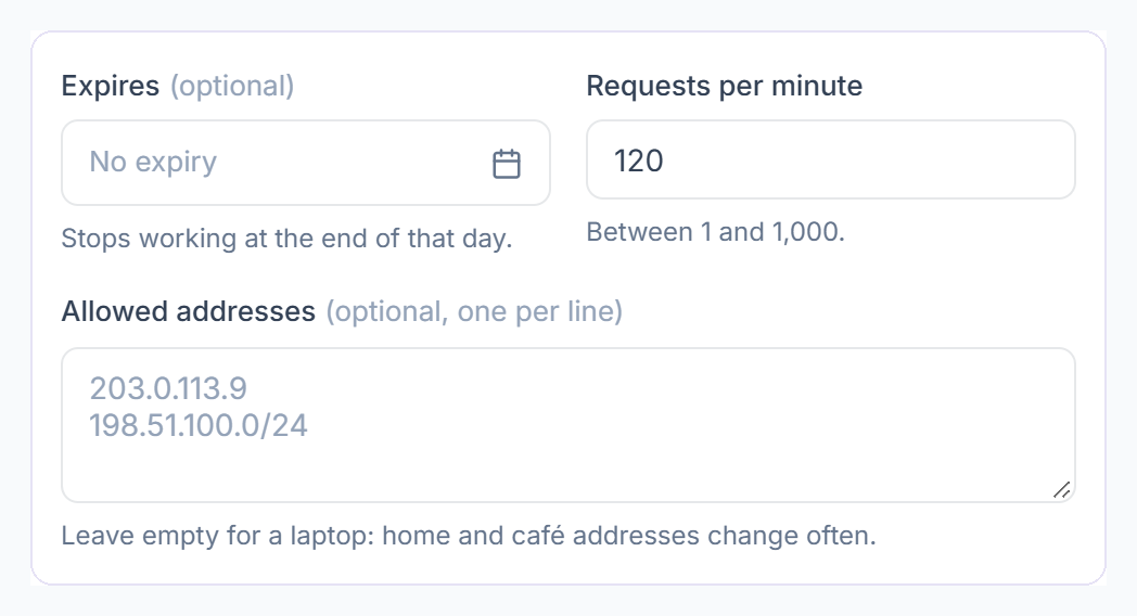 Expiry, requests per minute and allowed addresses for a Clientish AI connection