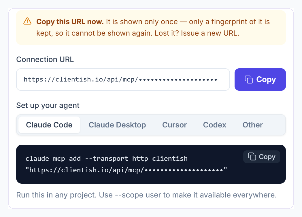 Clientish AI connection URL shown once, with setup commands for Claude Code, Claude Desktop, Cursor and Codex