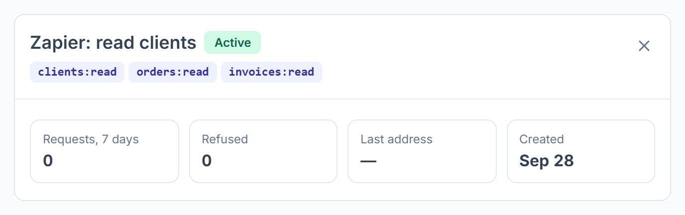 Clientish API key details: permissions, requests, refused and created date