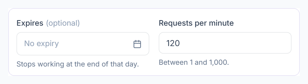 Expiry and requests per minute for a Clientish API key