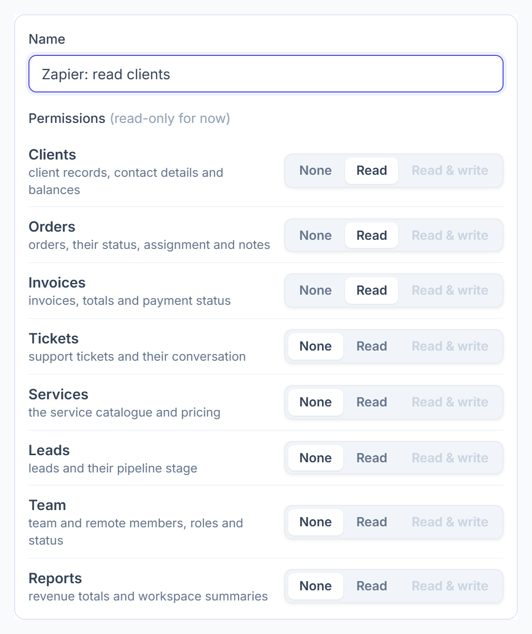 Create API key in Clientish: name and read permission for each area