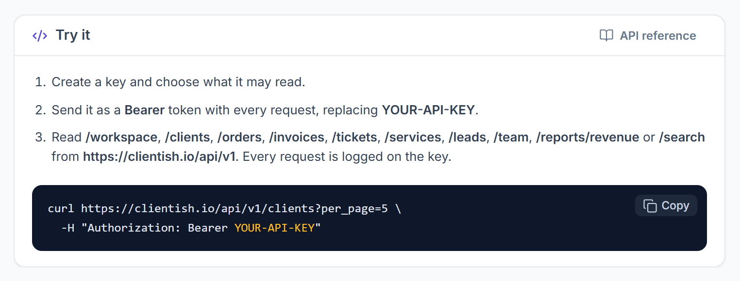 Try it: example request to the Clientish API with a Bearer key