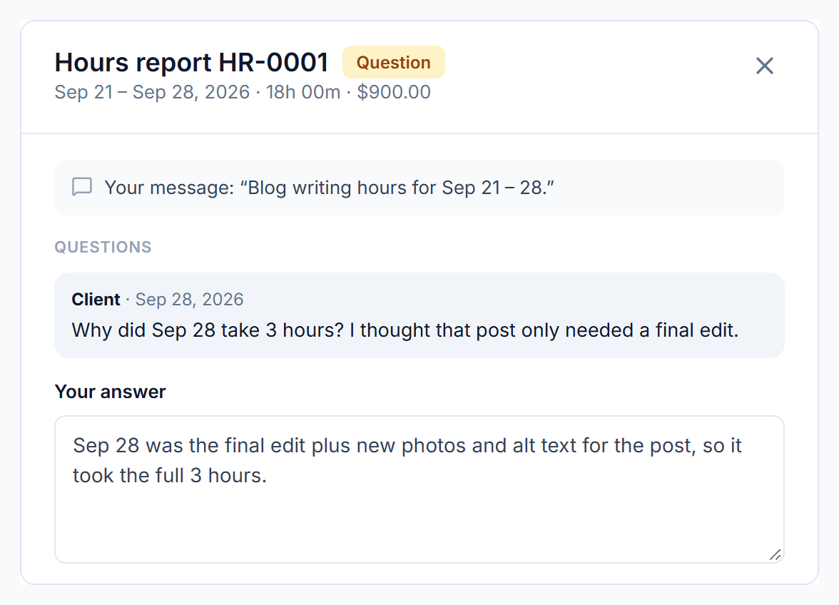Hours report panel showing the client's question and the agency's answer