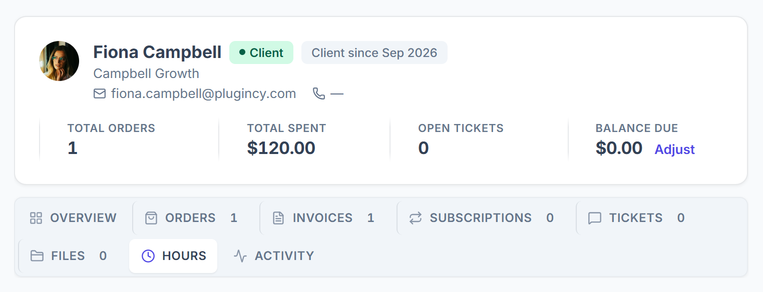Client profile with the Hours tab open