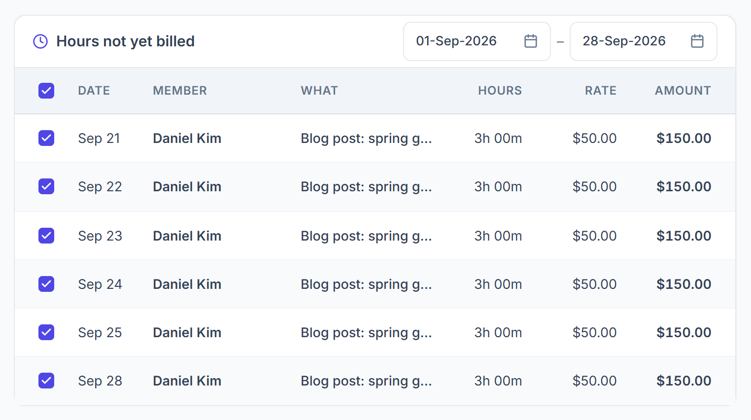 Hours not yet billed list with date filter and ticked time entries