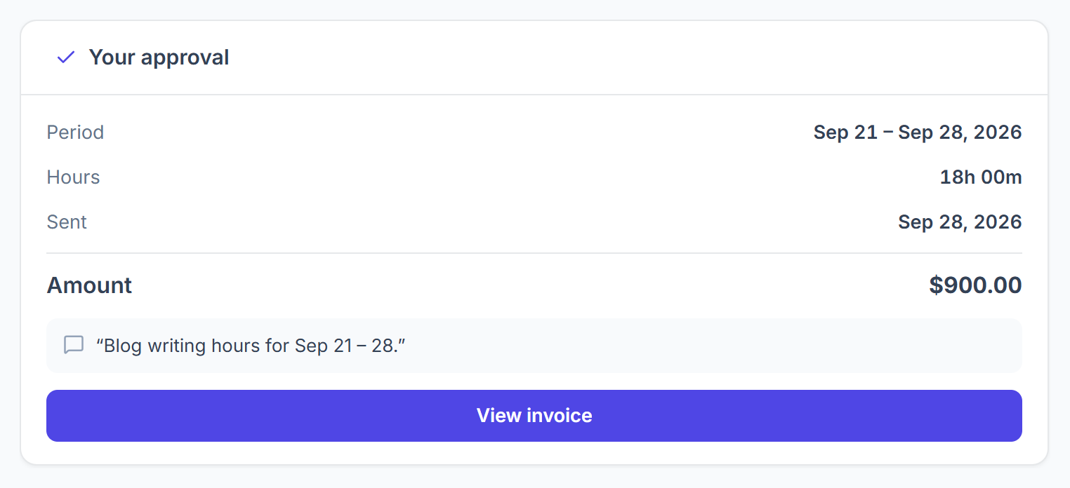 Approved hours report in the client portal with the View invoice button