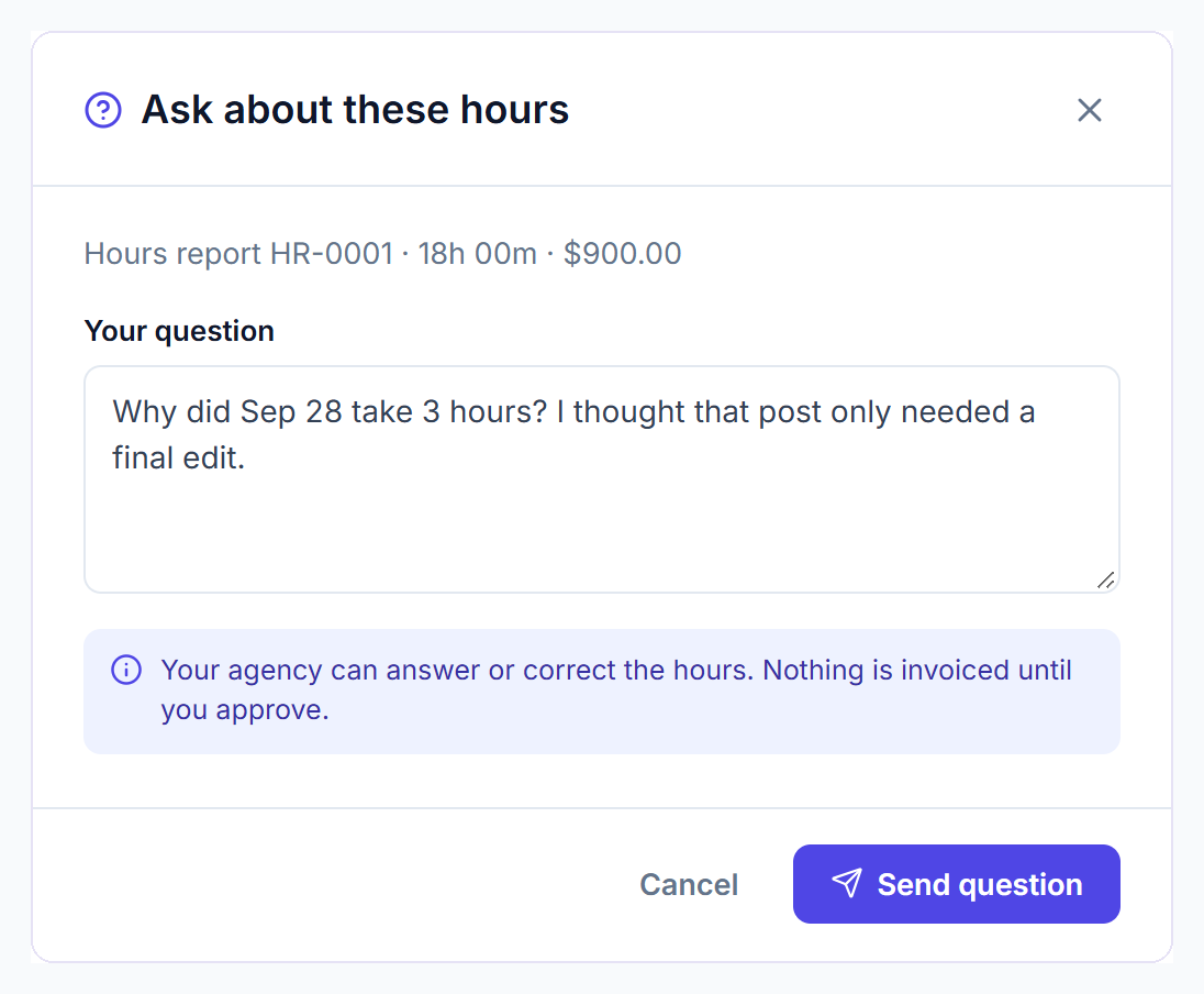 Ask about these hours dialog where the client writes a question