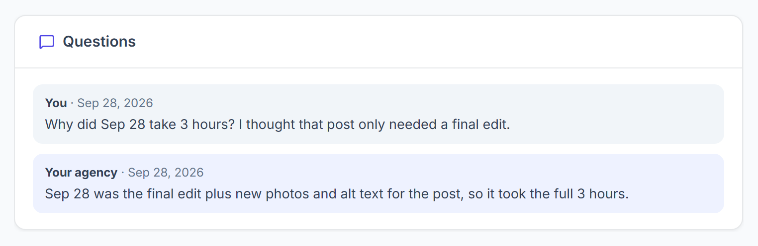 Questions card in the client portal with the client's question and the agency's answer