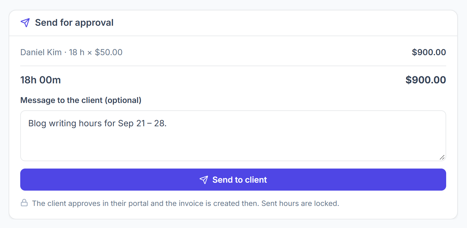 Send for approval card with the total, a message to the client and the Send to client button