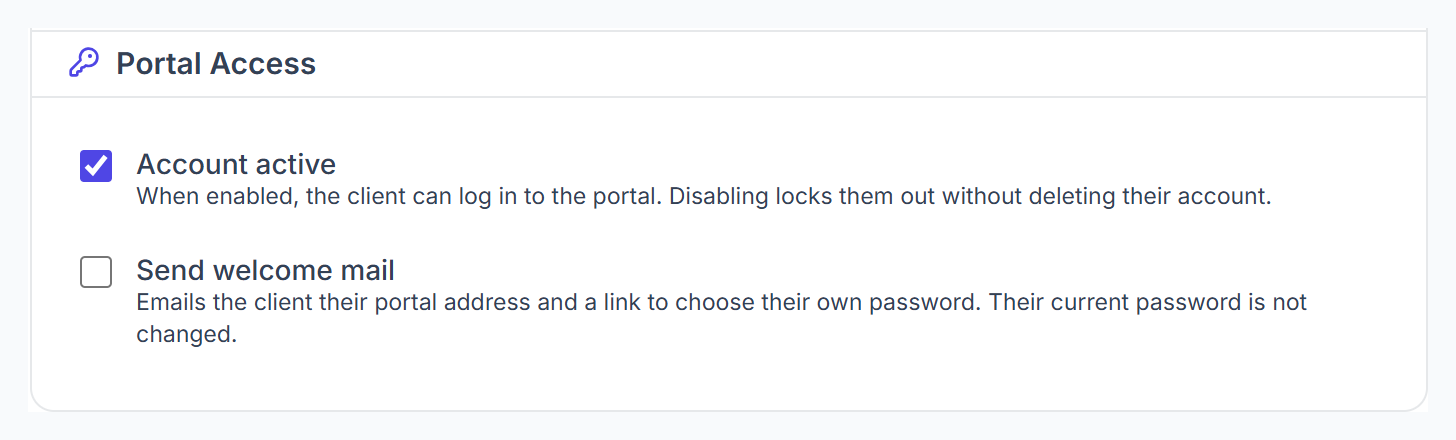 Client Portal Access with Account active and Send welcome mail