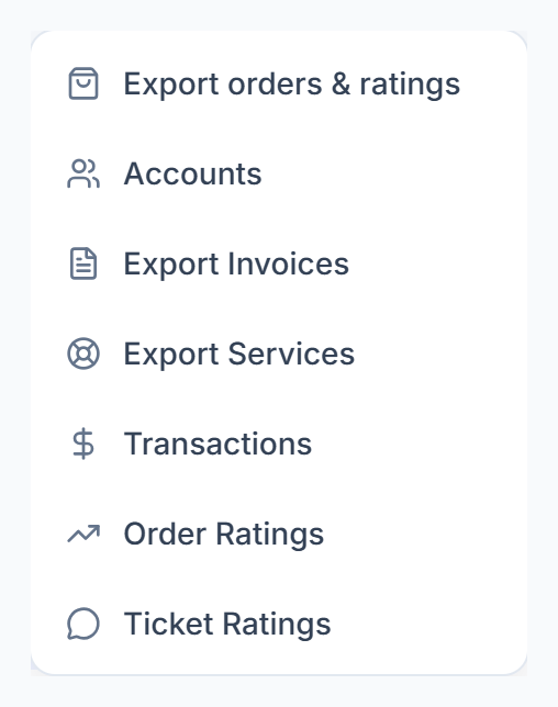 Export menu on the Dashboard listing seven exports