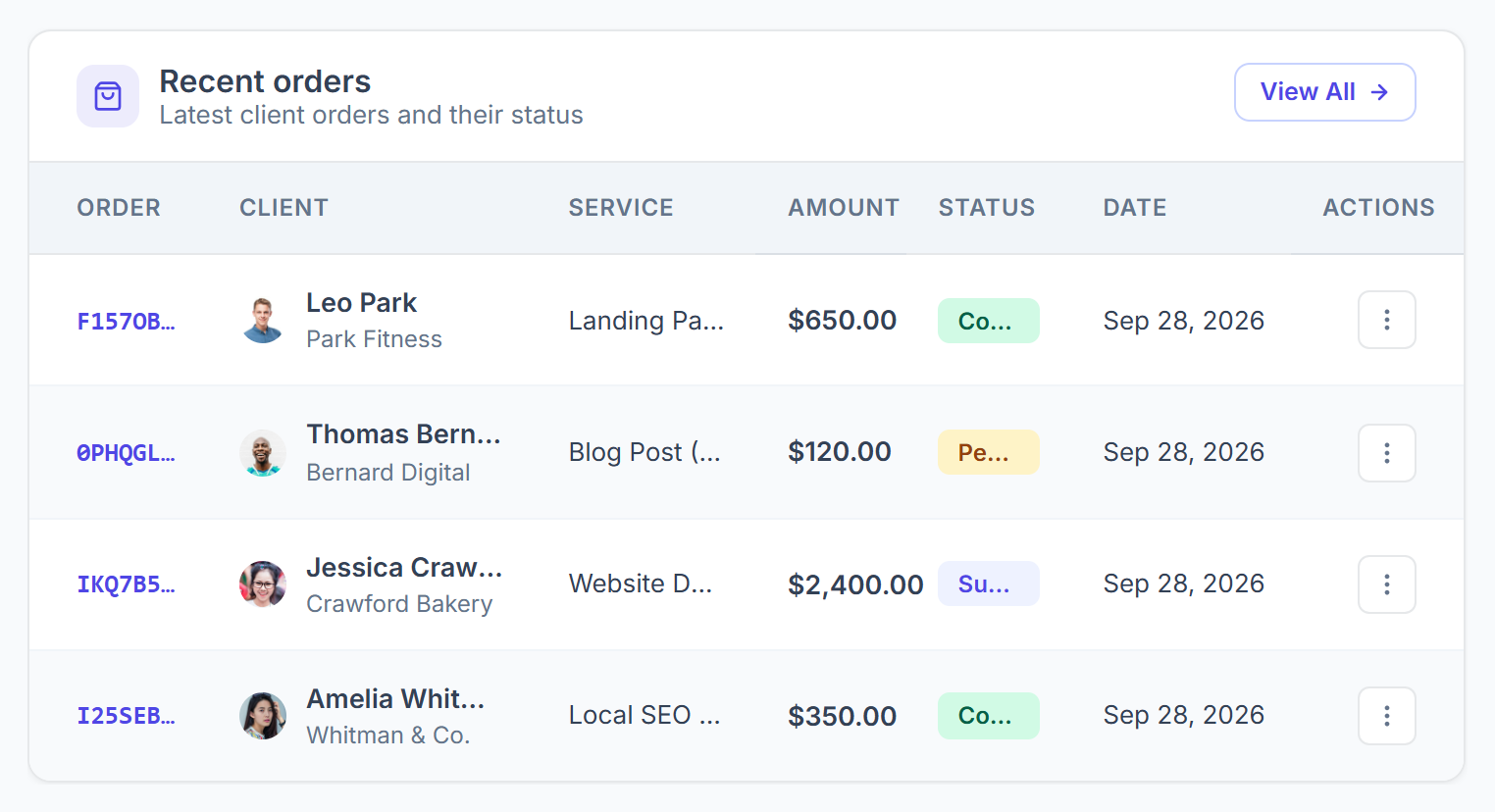 Recent orders list with client, service, amount, status and date