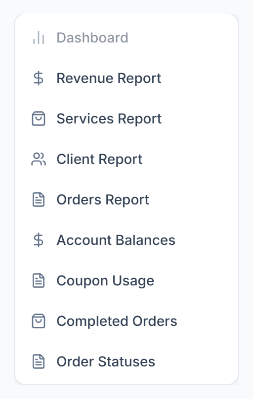 Reports menu on the Dashboard listing eight reports