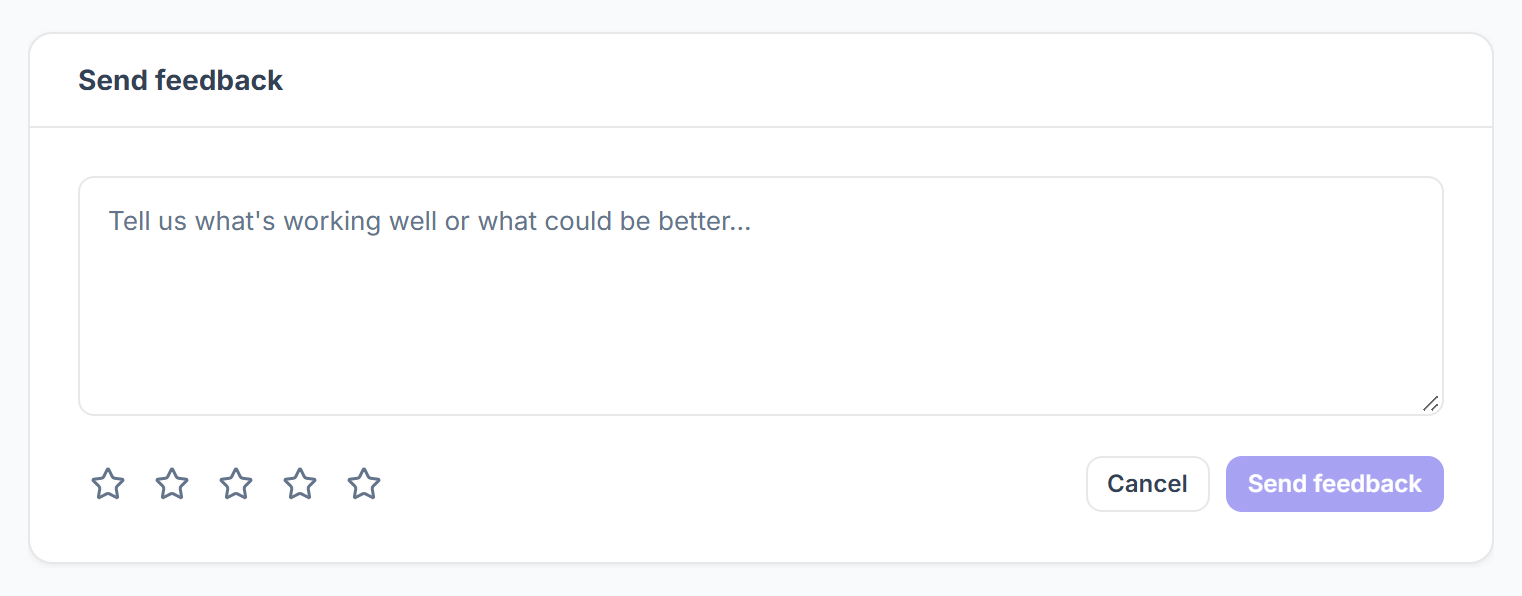 Send feedback form with a message box, star rating and Send feedback button