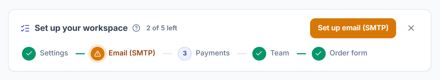 Set up your workspace steps on the Dashboard: Settings, Email (SMTP), Payments, Team and Order form