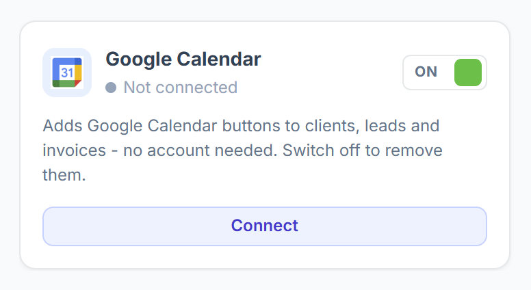 Google Calendar card in Integrations switched on