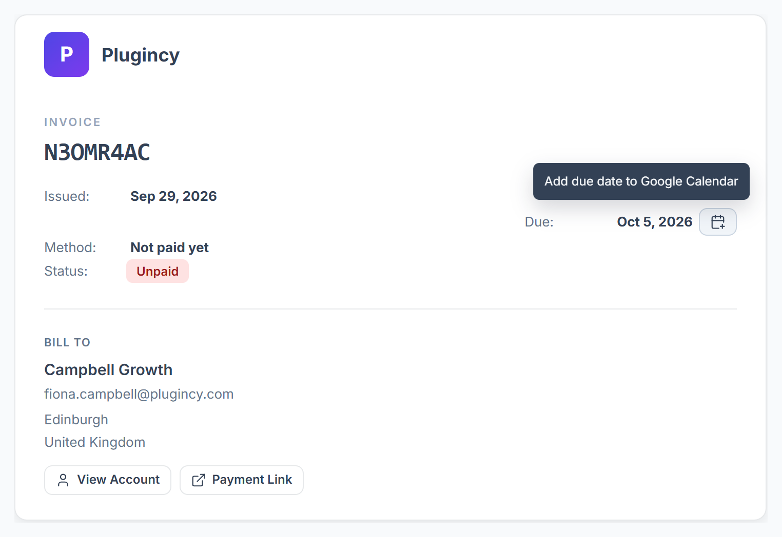 Invoice with the Add due date to Google Calendar button next to the due date