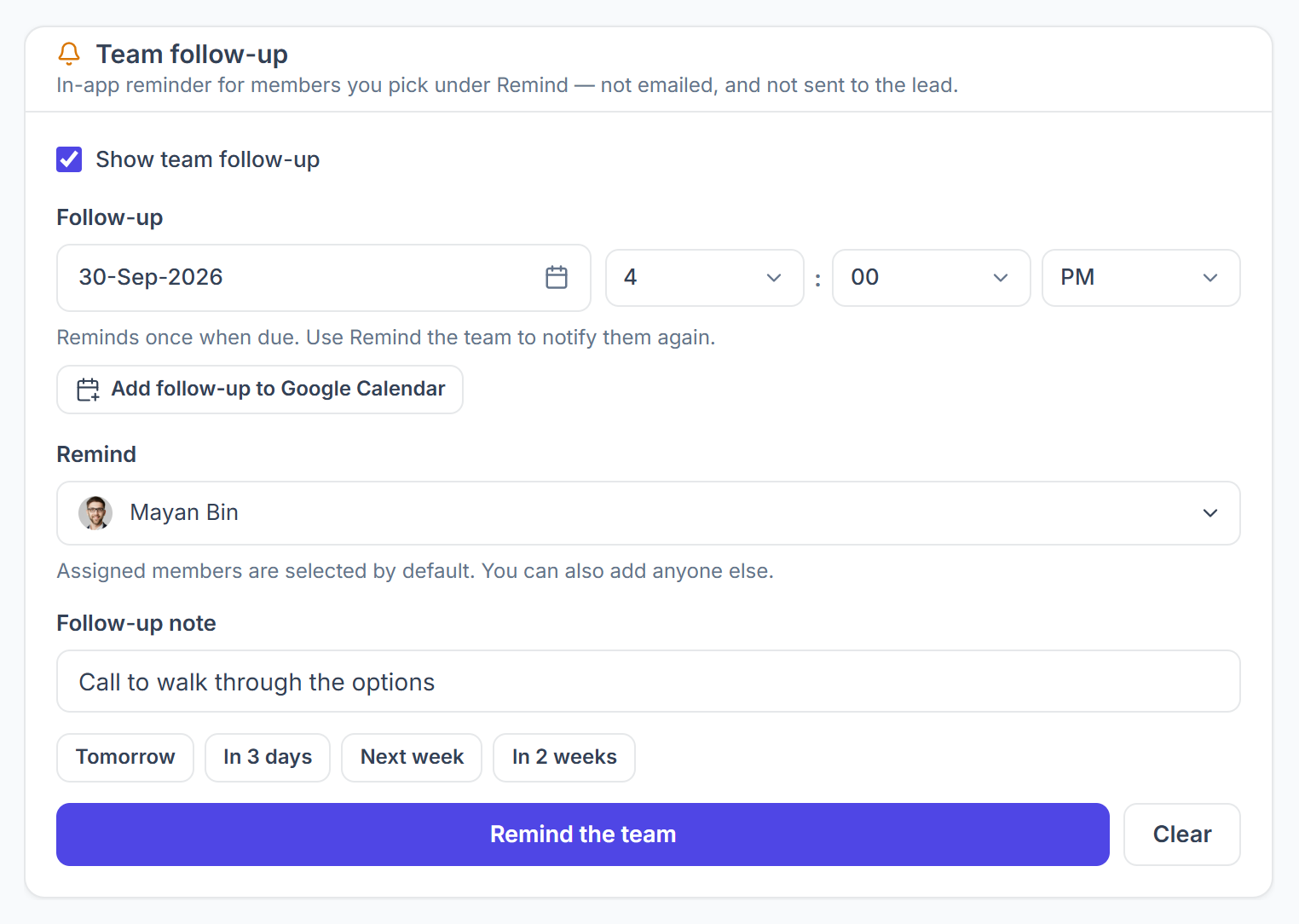 Team follow-up card on a lead with the Add follow-up to Google Calendar button