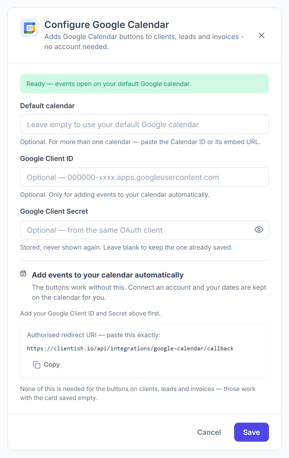Configure Google Calendar dialog with default calendar, Google Client ID, Client Secret and the redirect URI