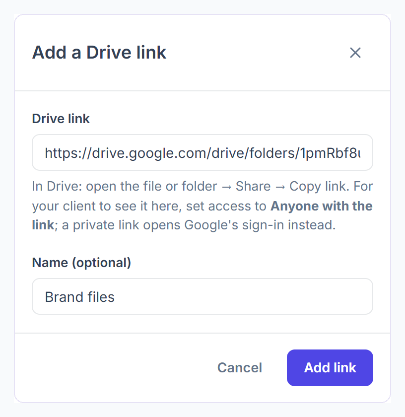 Add a Drive link dialog with the folder link and the name Brand files