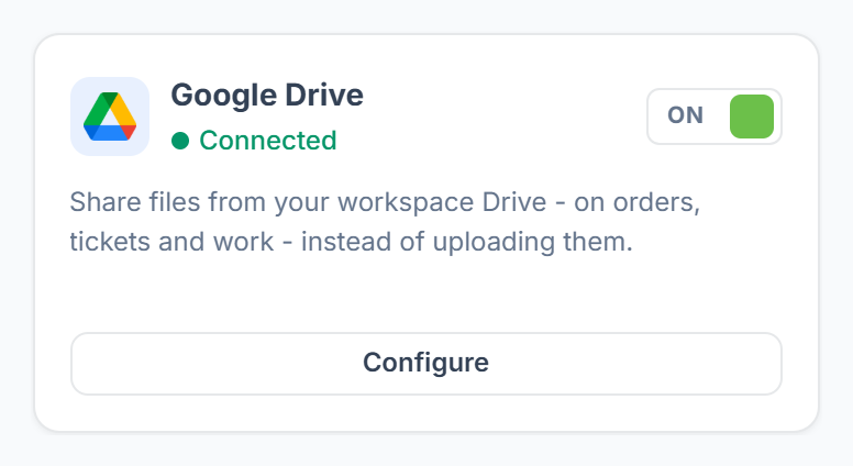 Google Drive card in Integrations switched on