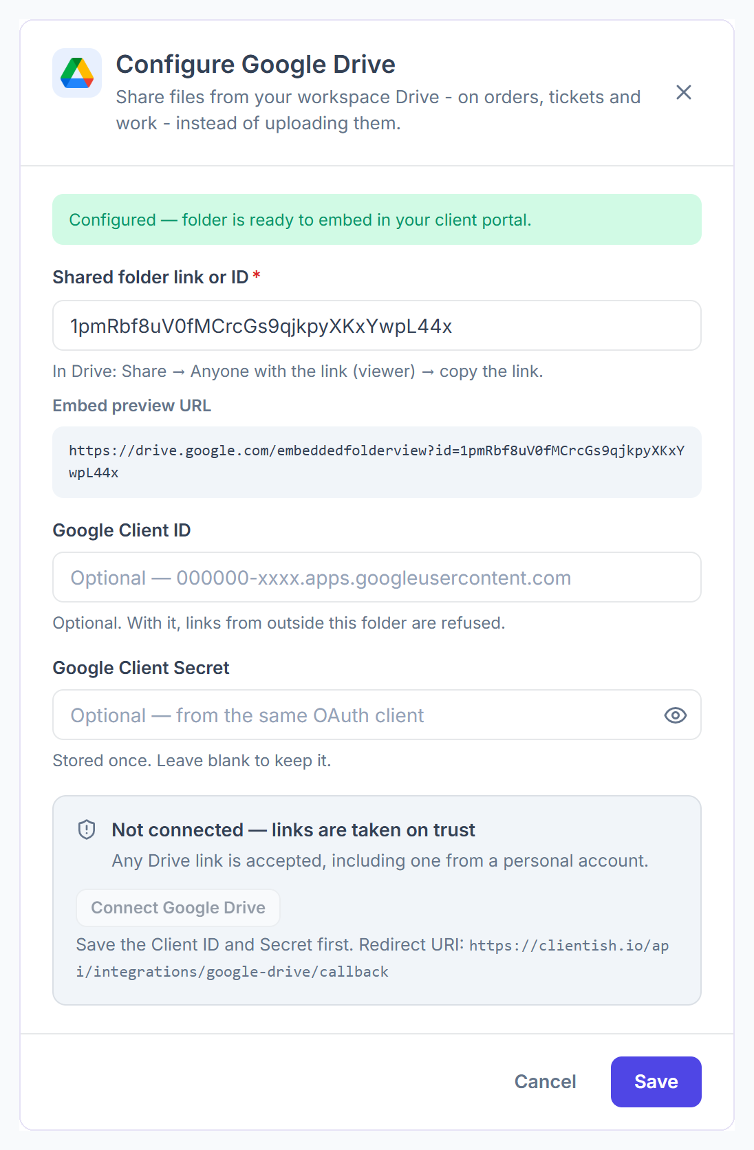 Configure Google Drive dialog with the shared folder link saved and the optional Google Client ID and Secret