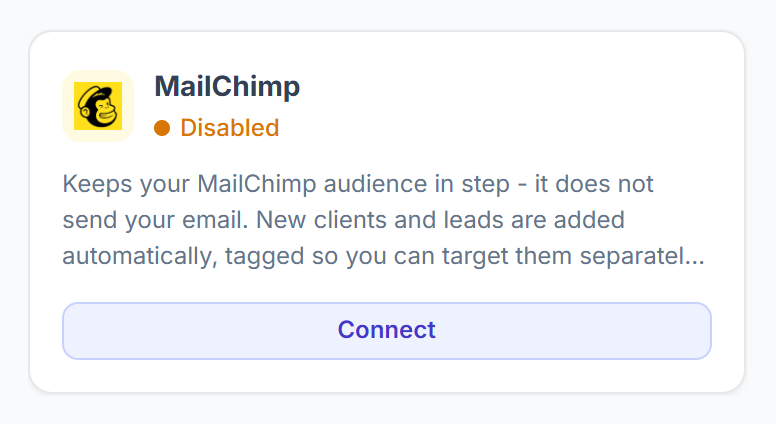 MailChimp card in Integrations
