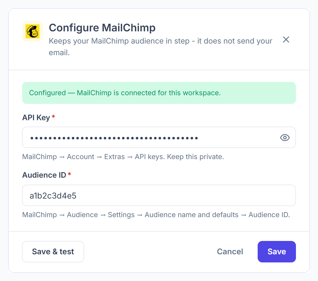Configure MailChimp dialog with the API key and Audience ID