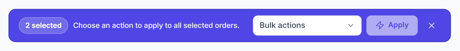 Bulk actions bar with two orders selected and Apply