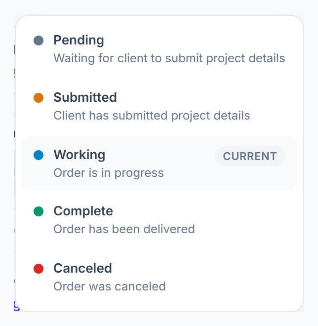 Change Status menu listing each status with its description