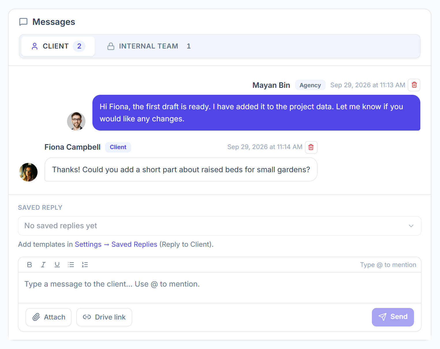 Client messages on an order with the saved reply, attach and Drive link options