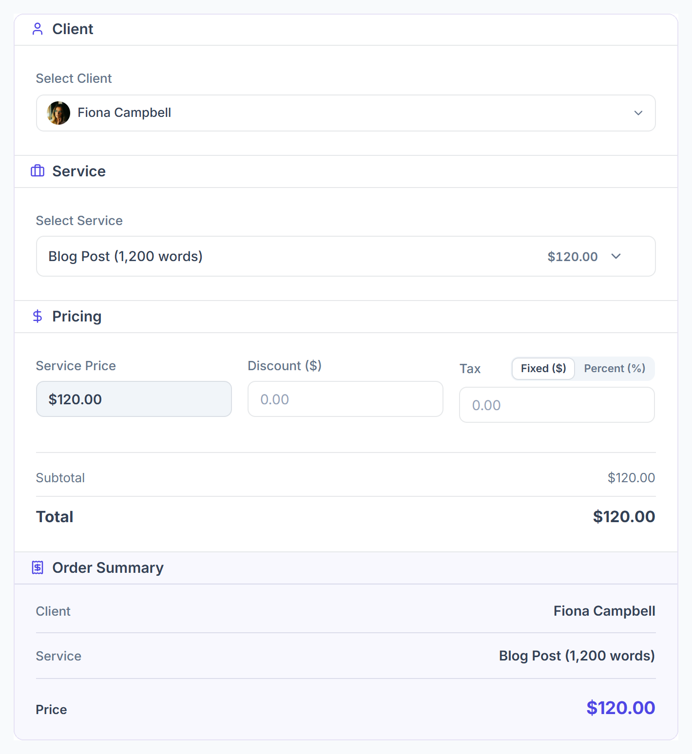 Create order form with client, service, pricing and order summary