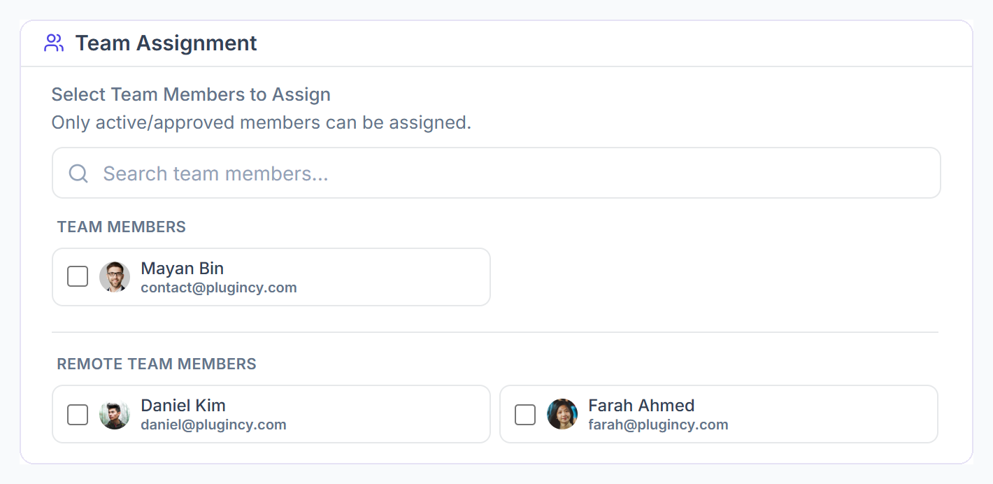 Create order form Team Assignment with team members and remote team members