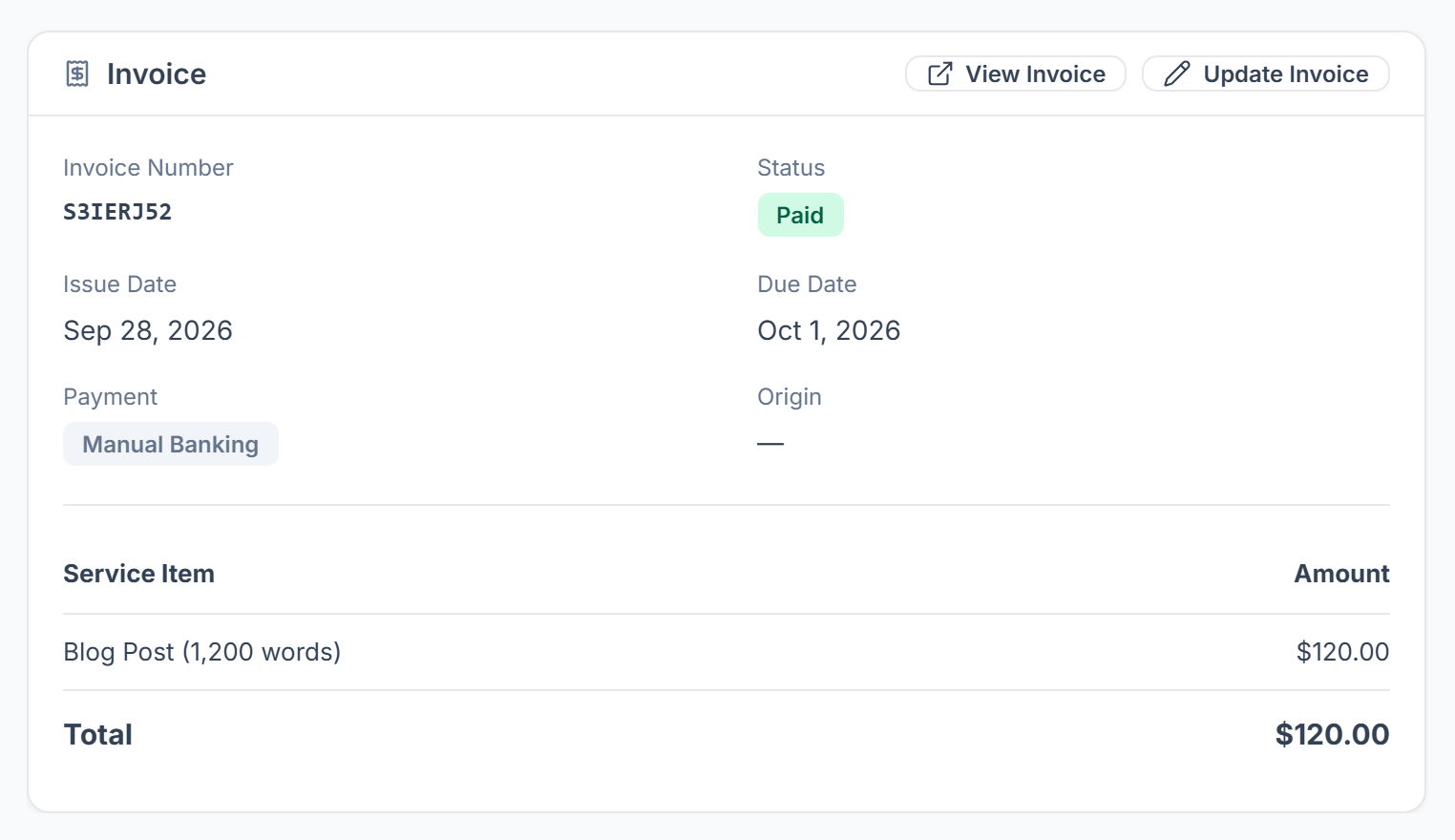 Invoice card on an order with invoice number, status, dates and lines