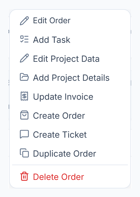 Order page menu with Edit Order, Add Task, project data, invoice, duplicate and delete