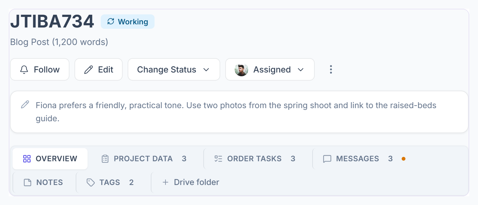 Order page top with Follow, Edit, Change Status, assignee and tabs