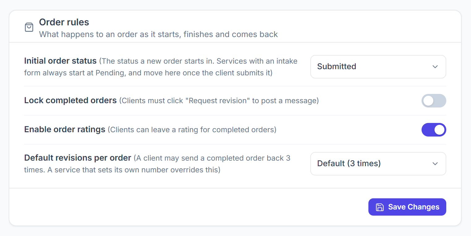Order rules: initial order status, lock completed orders, order ratings and revisions