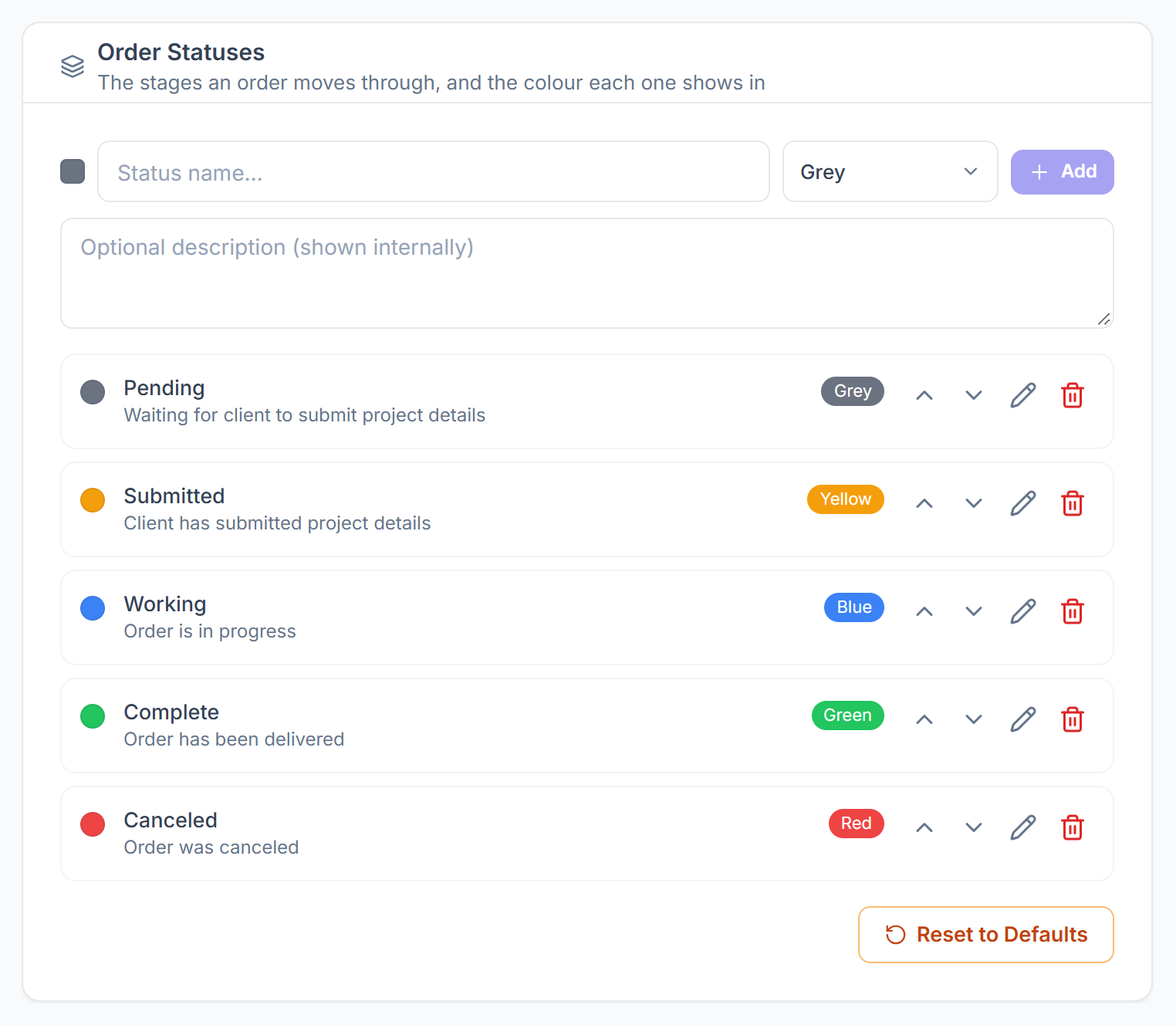 Order Statuses settings with the five built-in statuses