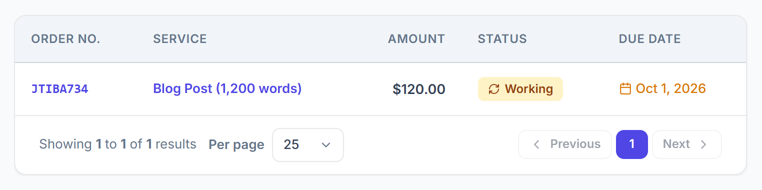 Client portal orders list with order number, service, amount, status and due date