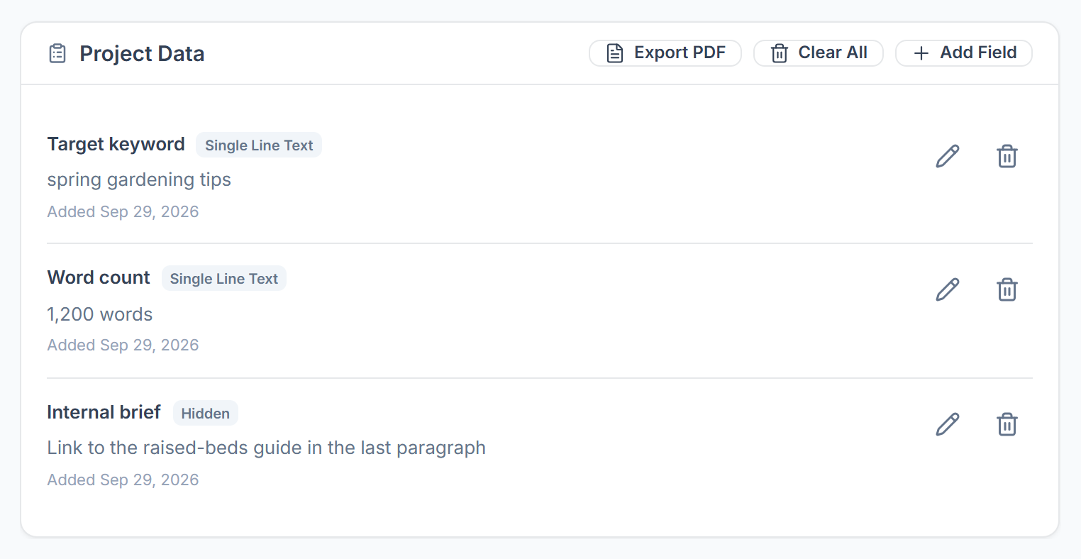 Project data fields with Export PDF, Clear All and Add Field
