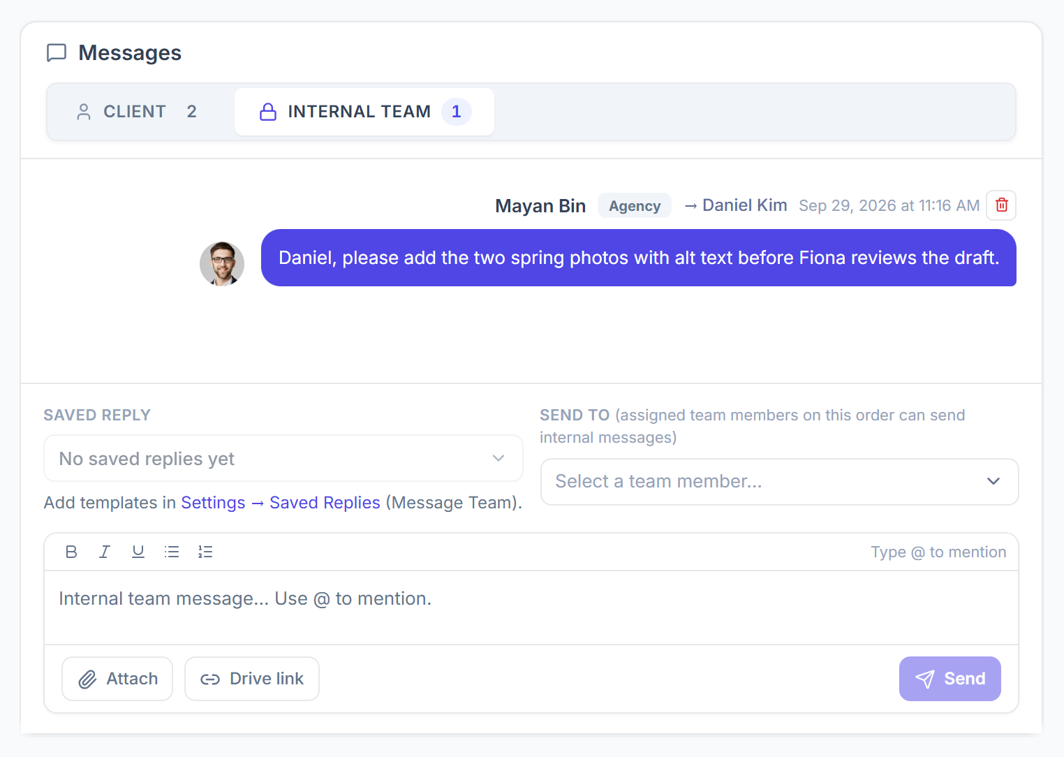 Internal team message on an order sent to a team member