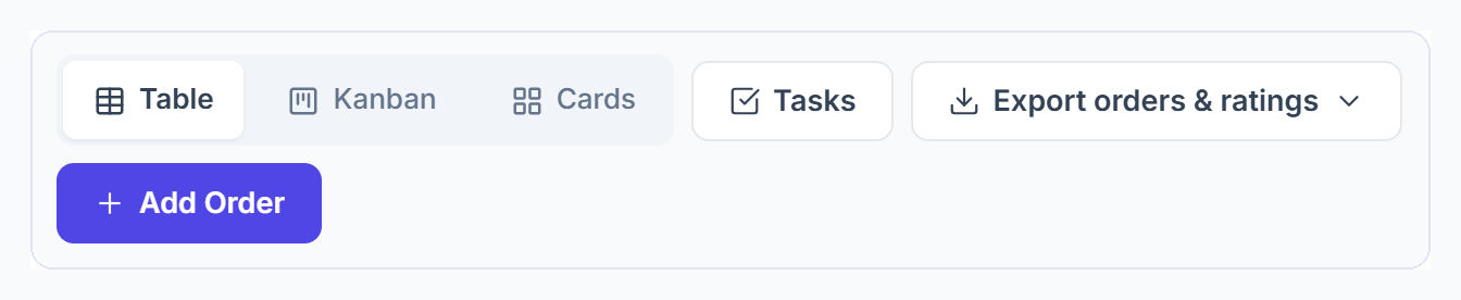 Orders page with Table, Kanban and Cards views, Tasks, Export and Add Order