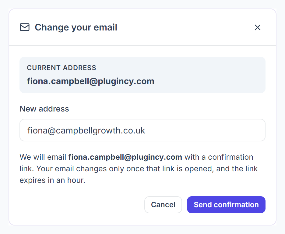 Change your email dialog in the client portal with the current and new address and Send confirmation