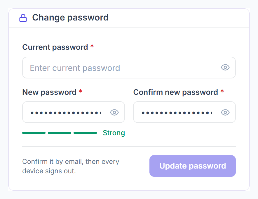Change password on the profile with current, new and confirm password