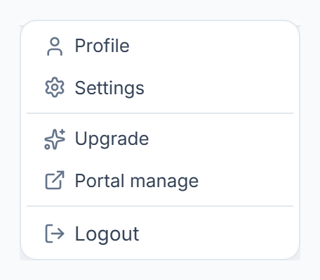 Profile menu with Profile, Settings, Upgrade, Portal manage and Logout